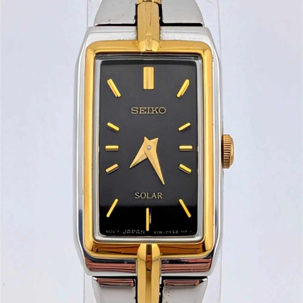 Seiko Solar Two Tone Black Sunburst Dial Rectangular Women's Watch V116-0AH0